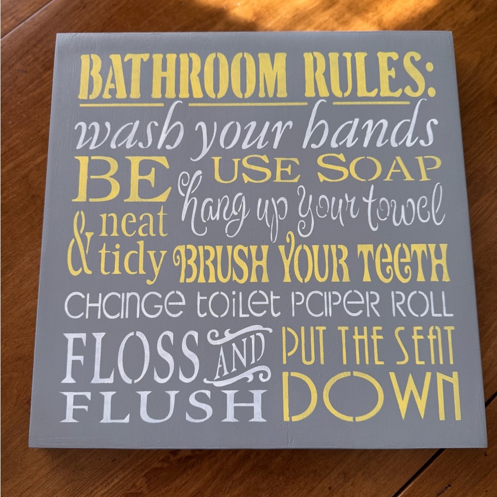 Gray and Yellow Bathroom Rules Sign BRAND NEW